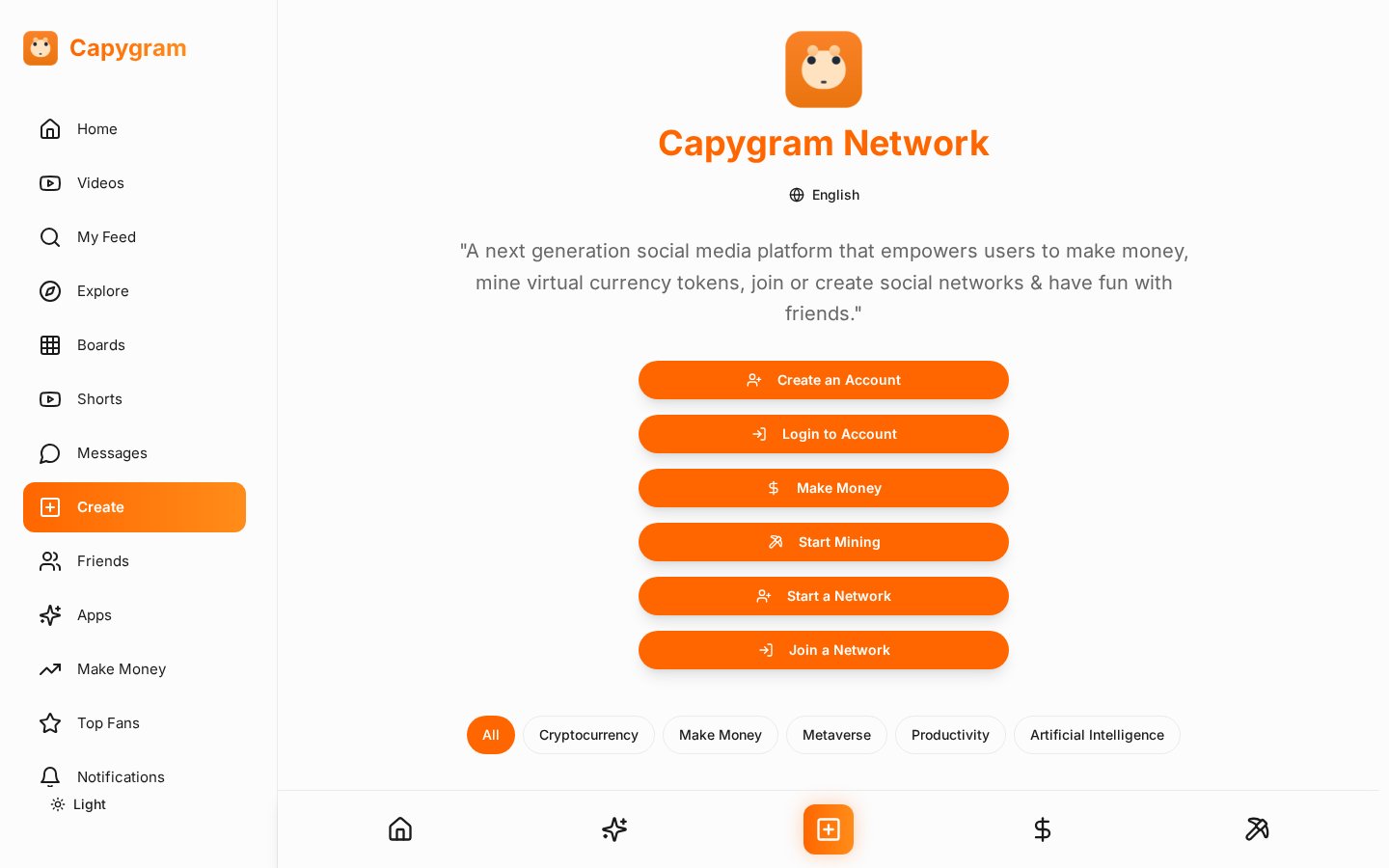 The Capygram Network homepage showing account, mining and network options alongside its app directory