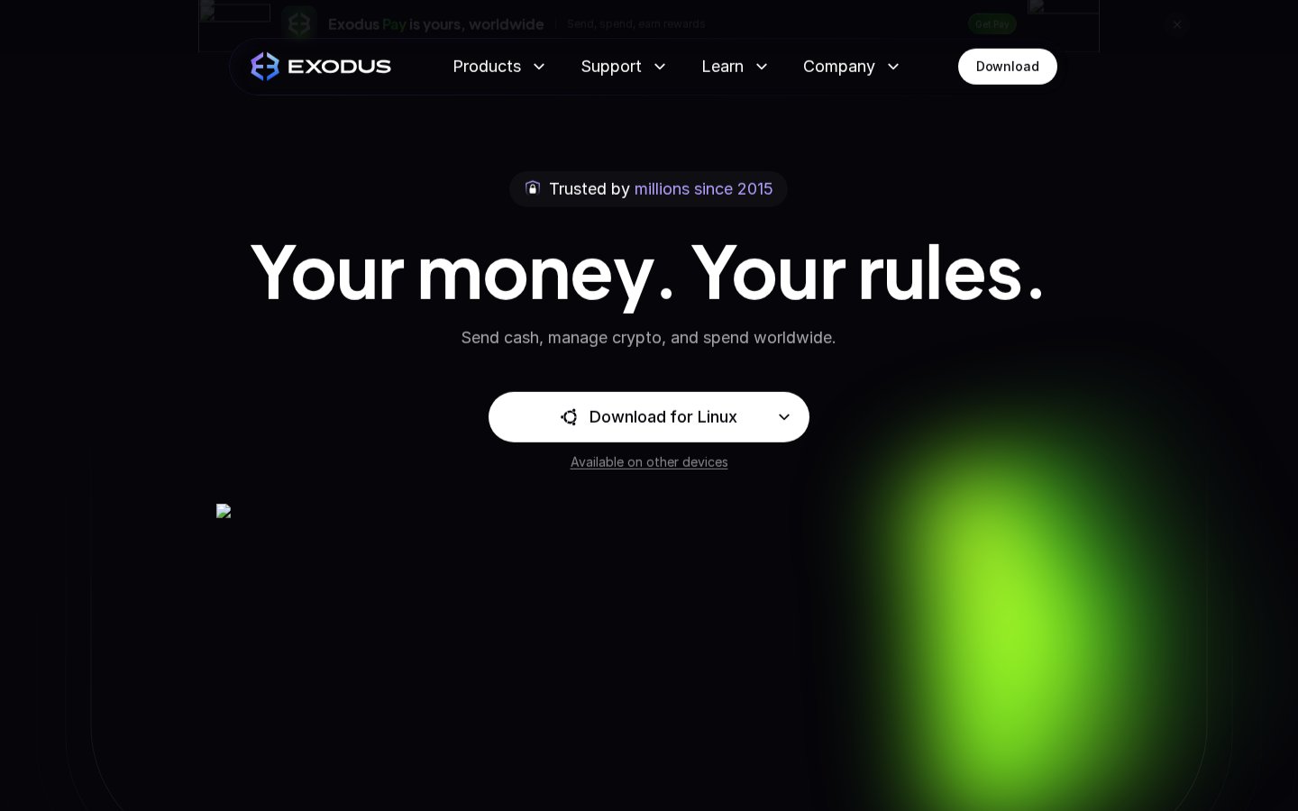 The Exodus wallet website showing its desktop and mobile applications