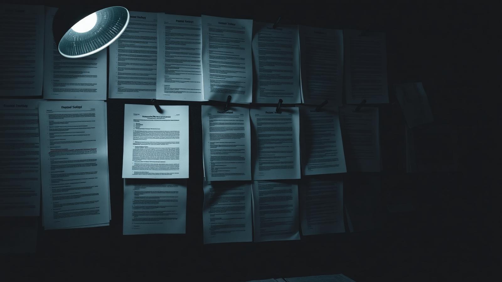 Printed documents pinned to a dark wall beneath a single desk lamp