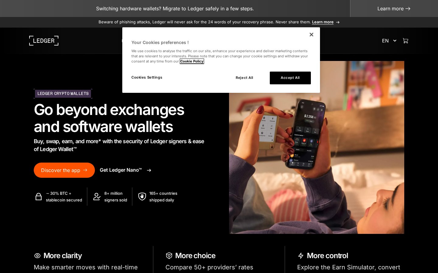 The Ledger homepage showing its hardware wallet product line