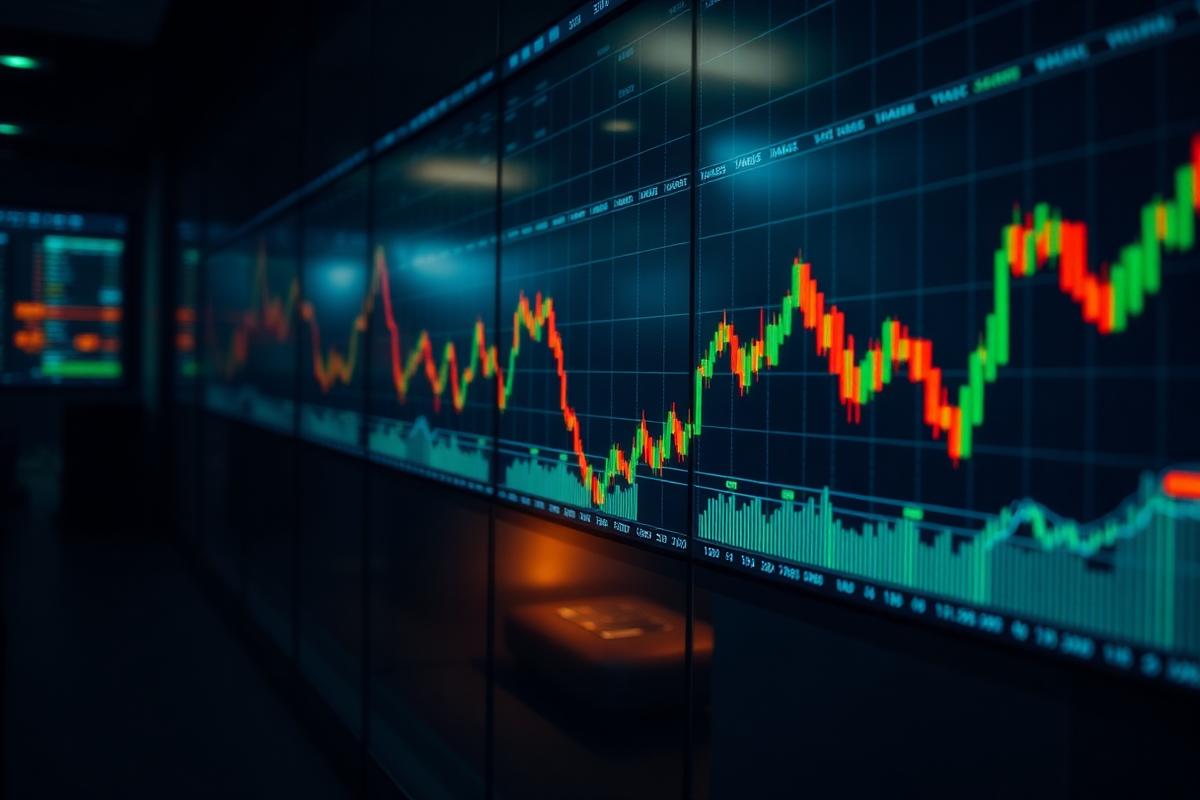 A wall of trading screens showing candlestick charts in a darkened room