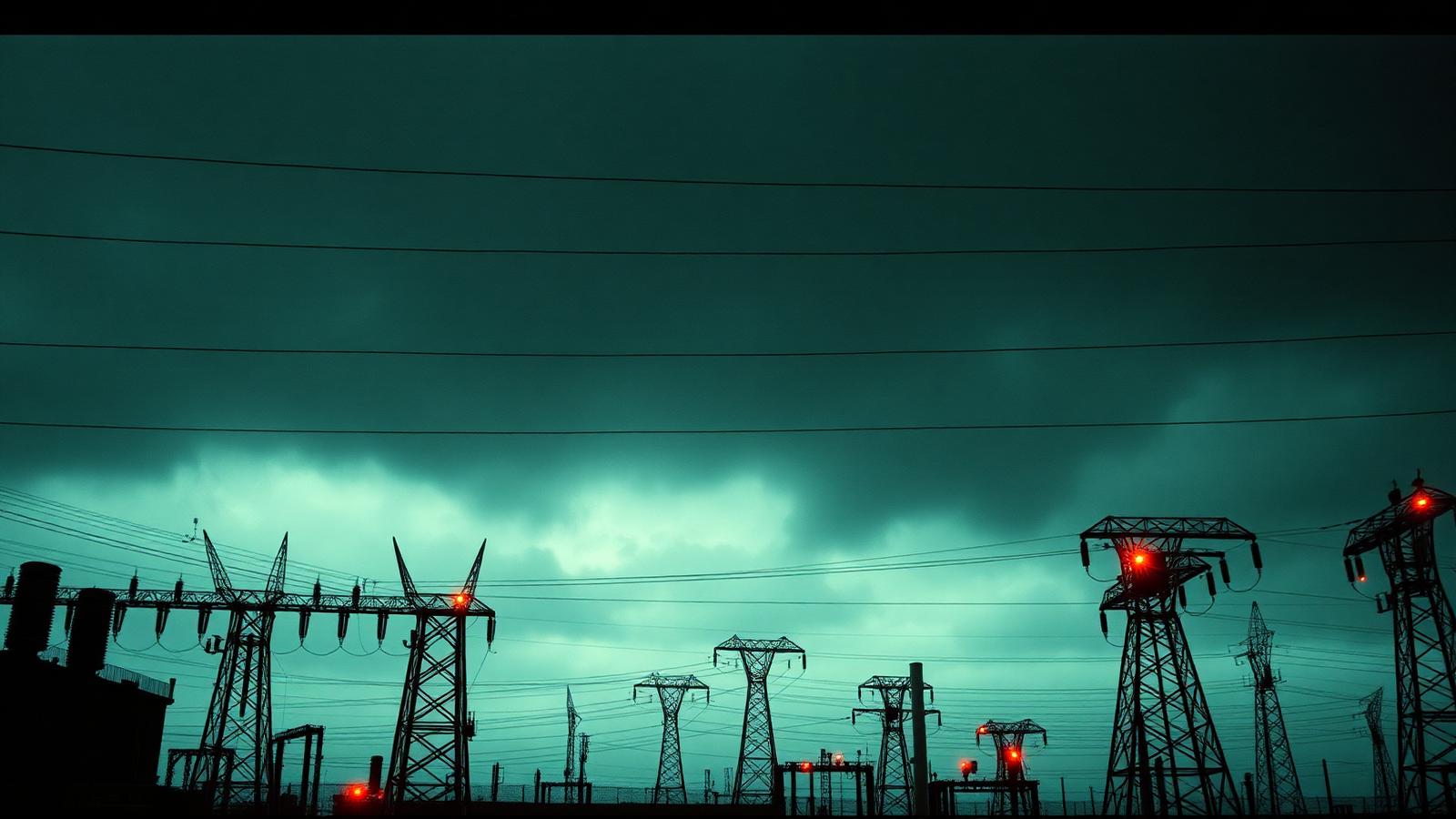 A high-voltage substation silhouetted against a heavy dusk sky