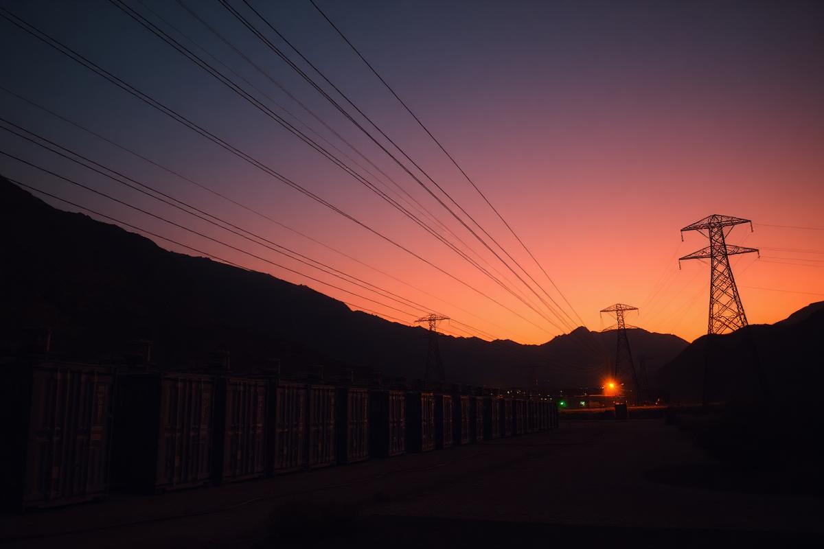 Rows of shipping-container mining units silhouetted beneath transmission lines at dusk