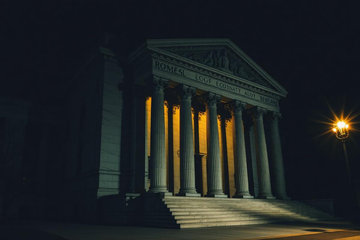 A neoclassical government building lit from within at night