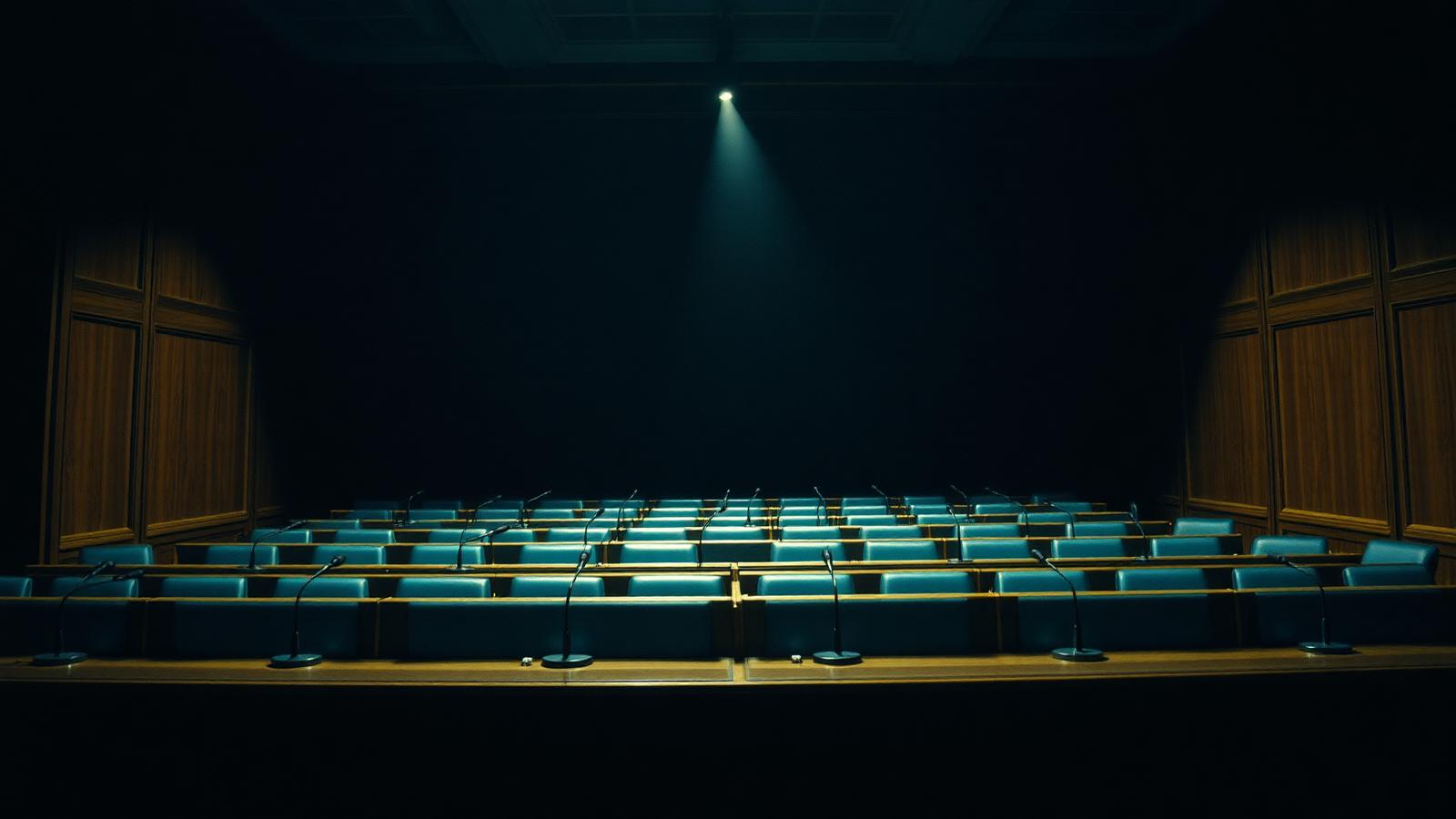 An empty wood-panelled hearing room lit by a single overhead lamp