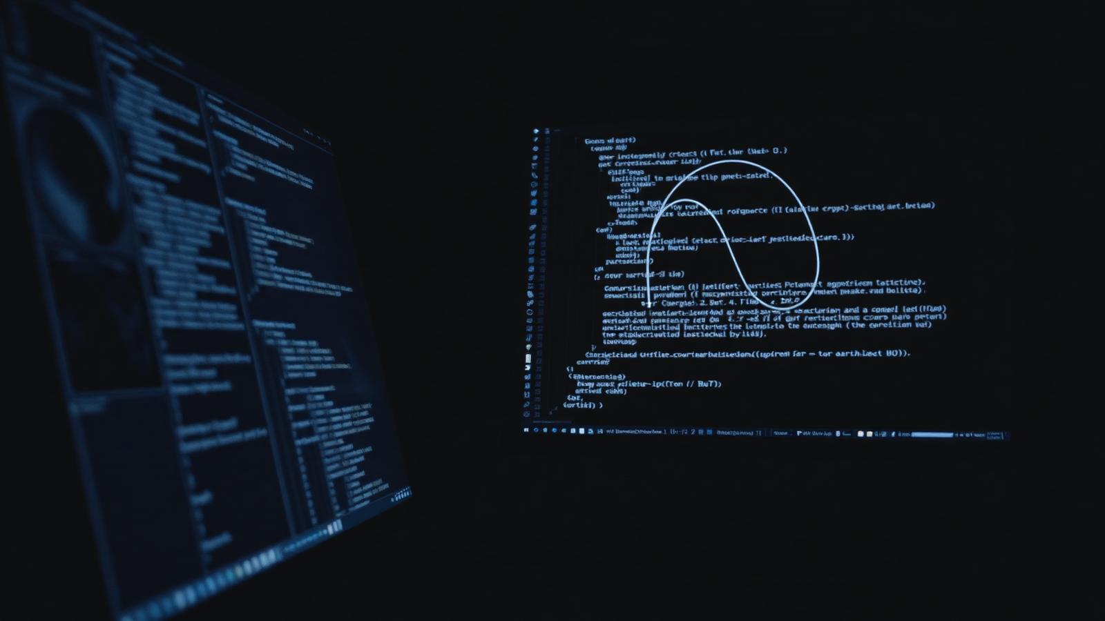 A dim workstation displaying cryptographic code and curve diagrams