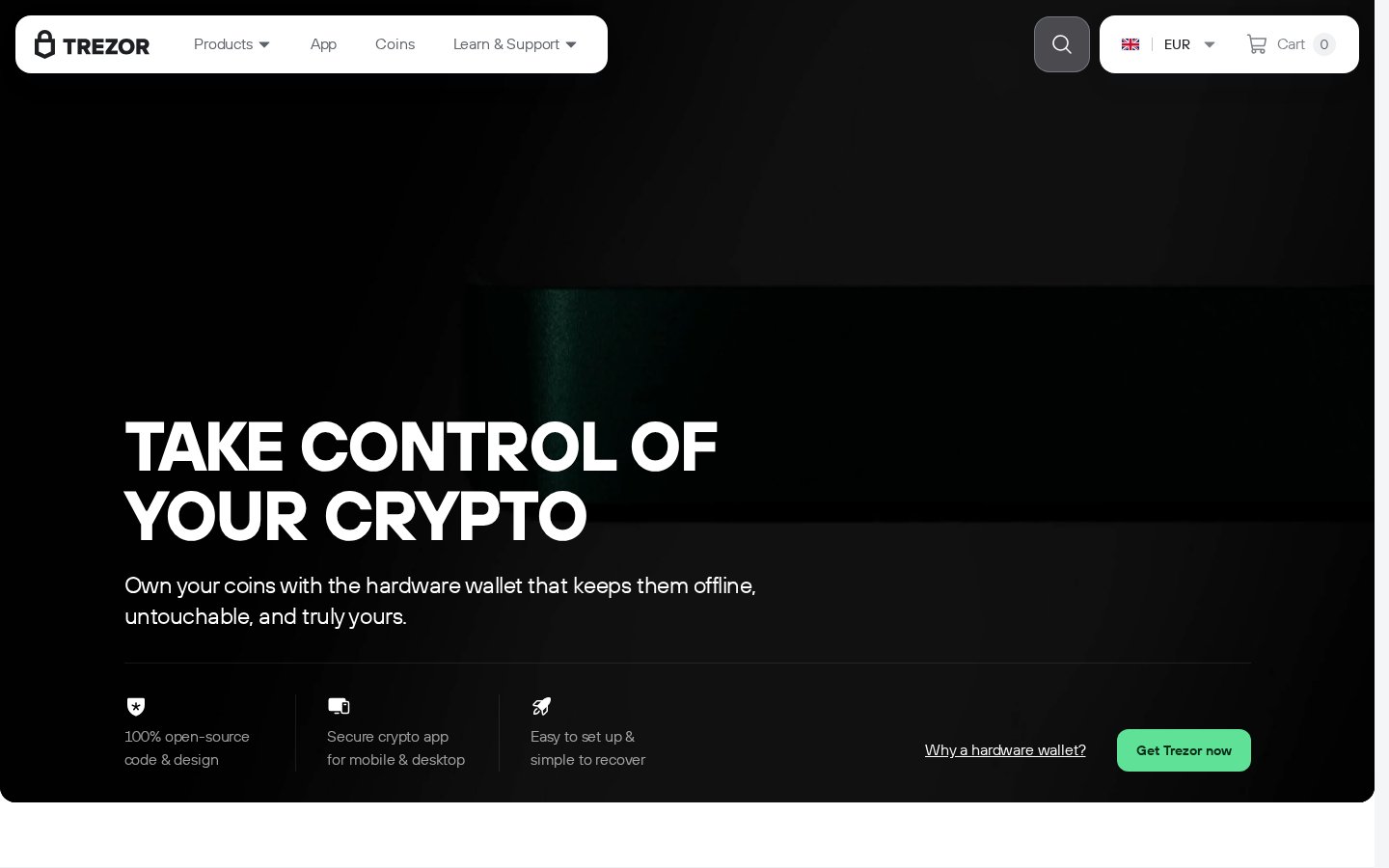 The Trezor website presenting its hardware wallet range